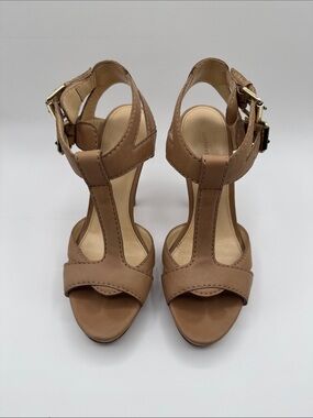 Country Road Tan Leather T Strap Ankle Buckle Heels Block Stiletto Size 38